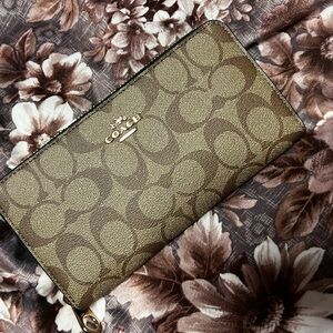Coach Tan and Brown Signature Zip Wallet